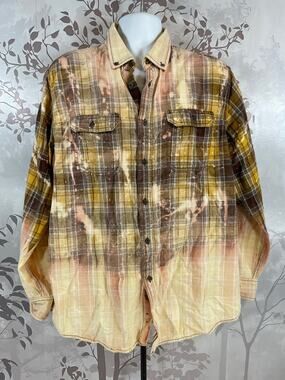 Comfort Outfitter Bleached Plaid Flannel Shirt Mens L Brown Yellow Dip Dye